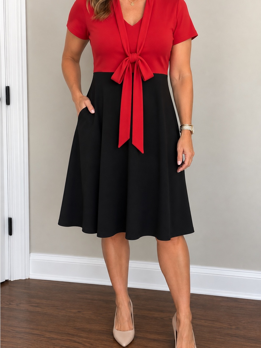 Red and Black A-Line Colorblock Dress Size L